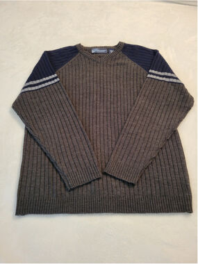 Point Zero Vintage Mens V-Neck Ribbed Knit Sweater Large Brown Navy Wool Blend